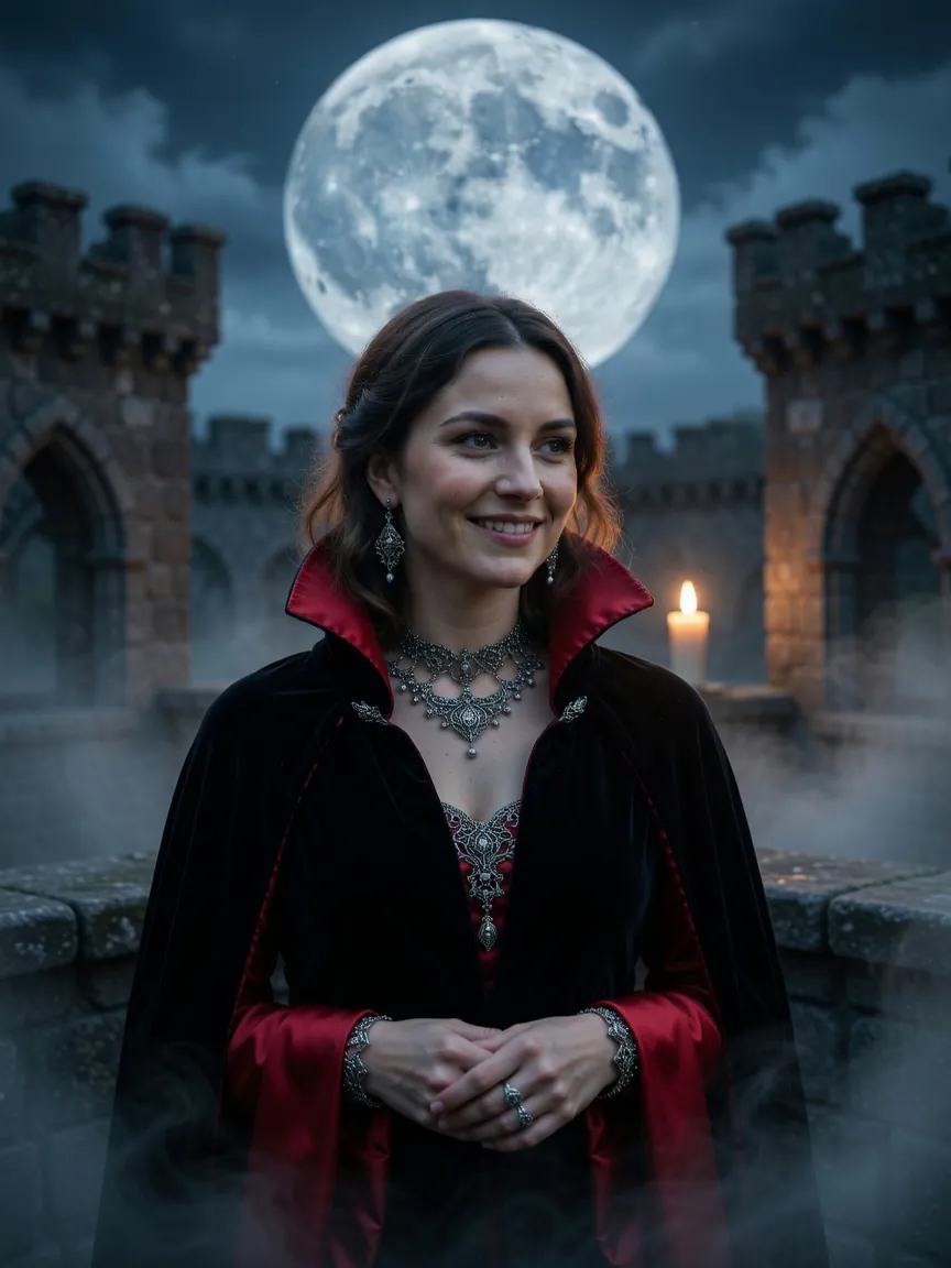 Smiling woman in a black cape with red satin lining and silver jewelry on a castle balcony, full moon, candle and fog behind.