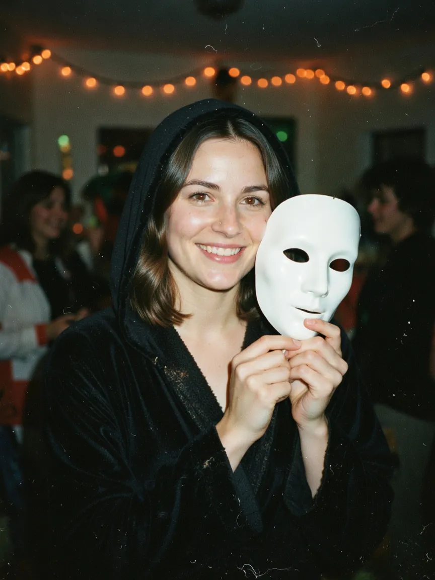 Smiling woman in a black hooded velvet robe holds a white mask beside her face at a dim party with orange string lights.