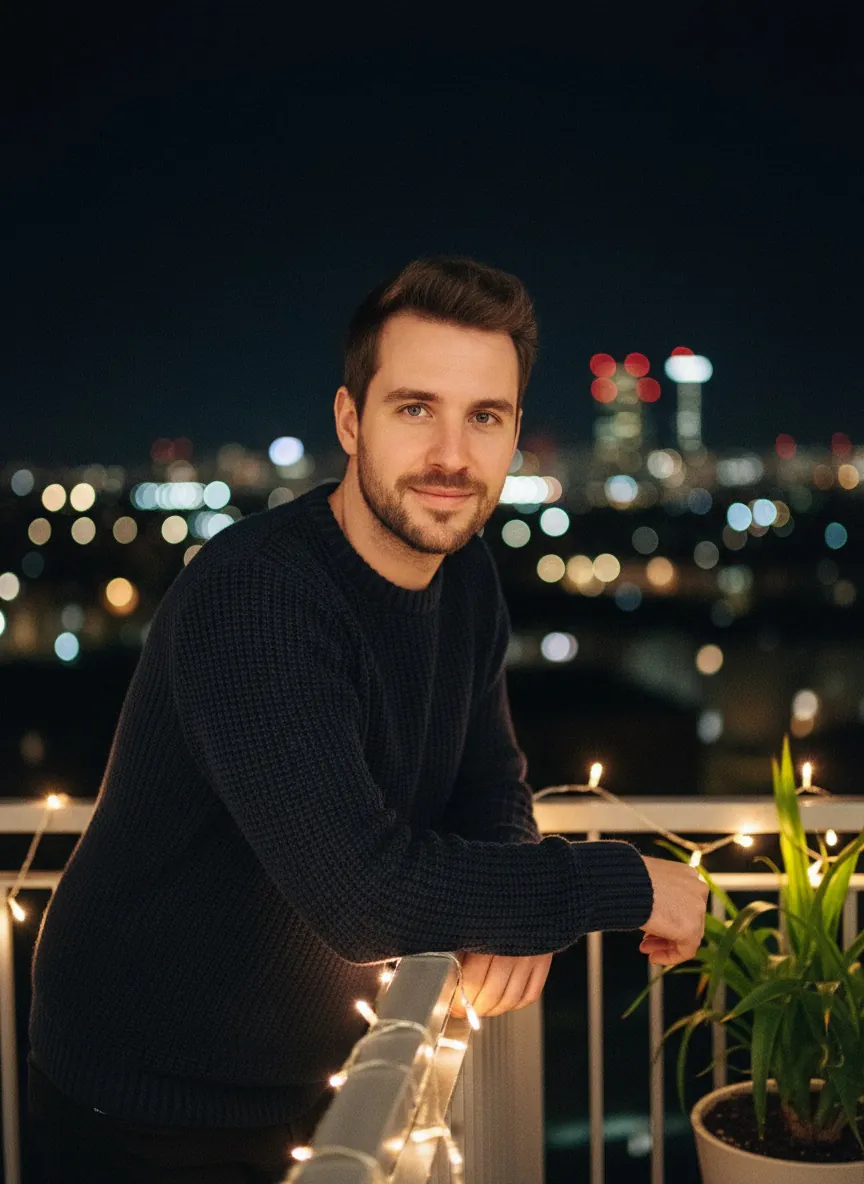 Smiling man in a dark knit sweater leans on a balcony railing at night, string lights glowing, blurred city lights behind.