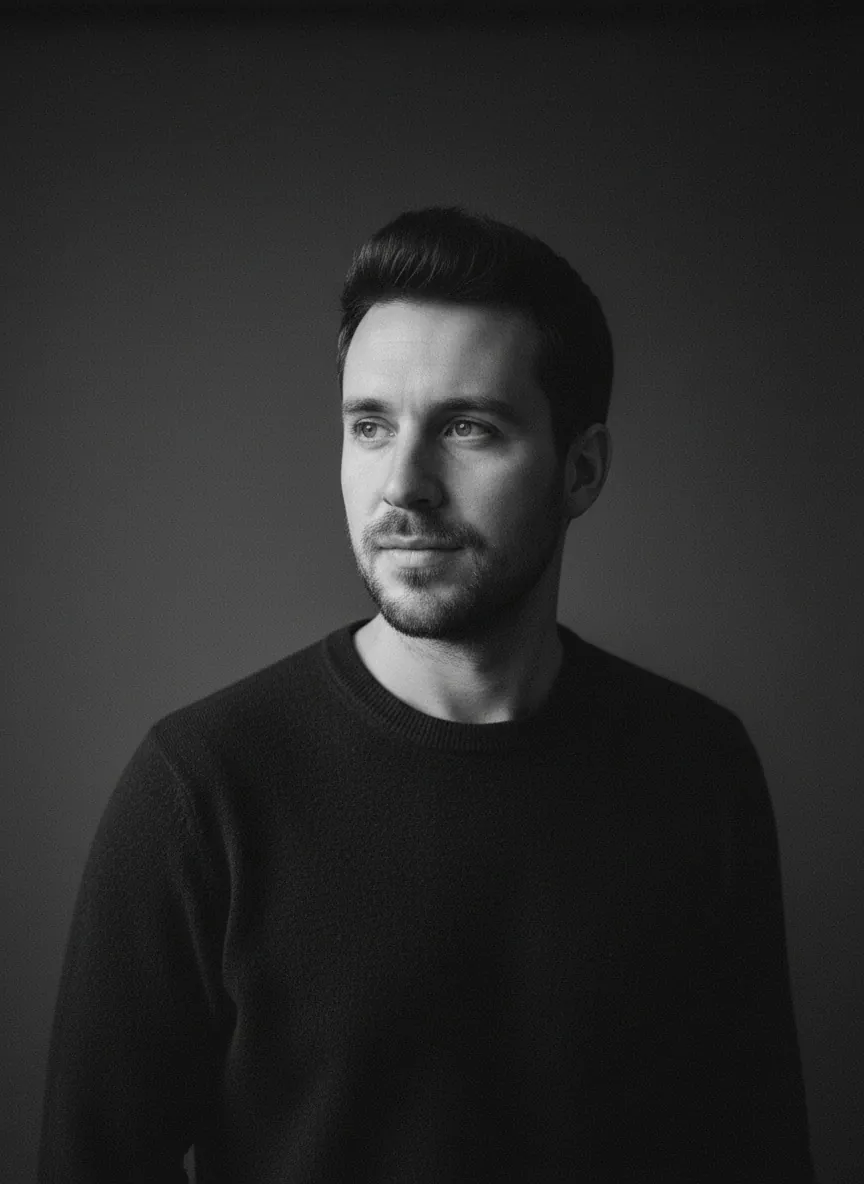 Black-and-white portrait of a bearded man in a dark crew-neck sweater, looking left against a charcoal backdrop in soft light.