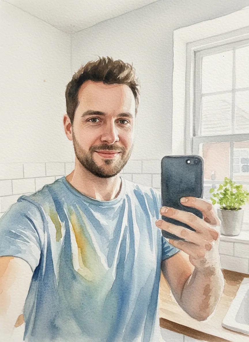 Watercolor selfie of a smiling bearded man in a blue t-shirt holding a phone in a bright kitchen with a window and potted herb.