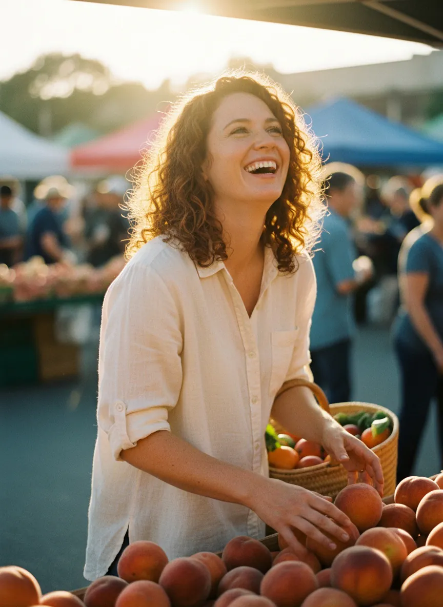 Laughing woman with curly auburn hair in a cream linen shirt holds a woven basket and picks peaches at a sunlit farmers market.