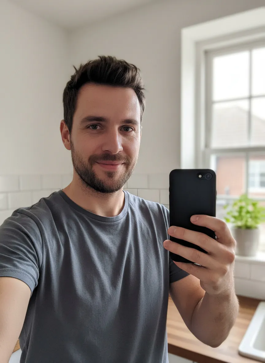 Casual selfie of a man in a gray t-shirt in a bright kitchen