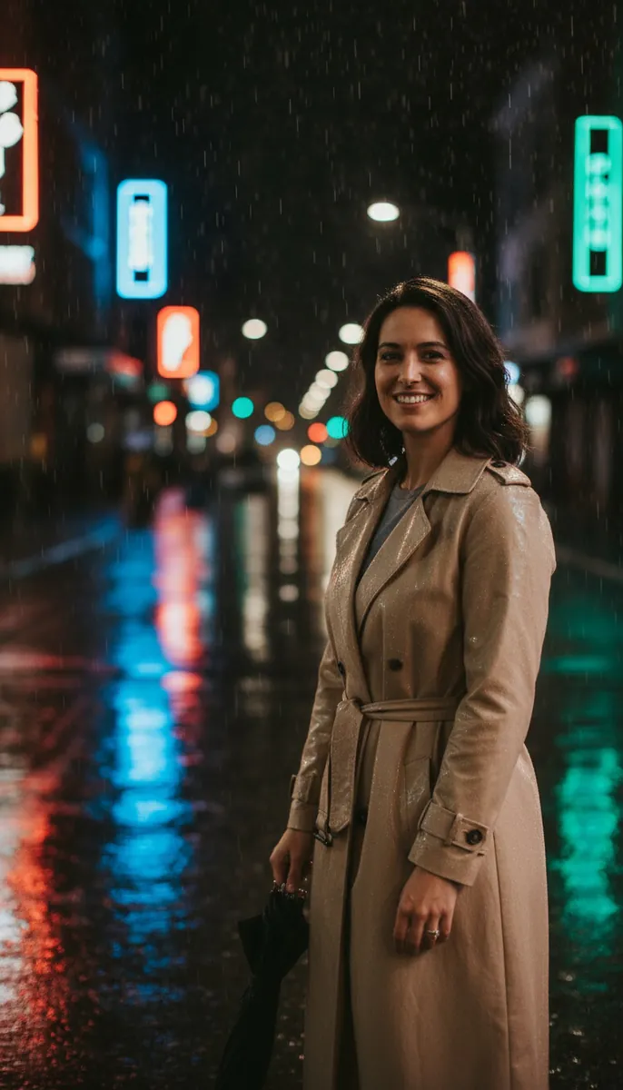 Smiling woman in a long beige trench coat holds a closed black umbrella on a rainy night street lit by neon signs.