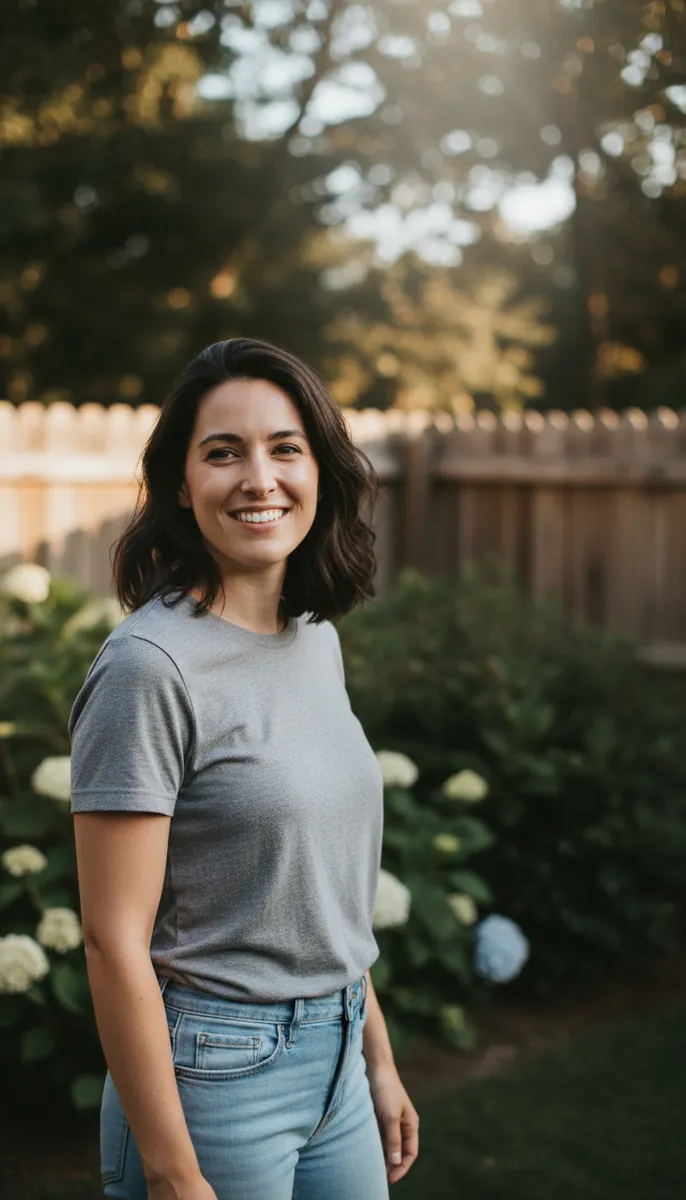 Casual phone photo of a woman in a gray t-shirt standing in a sunny backyard