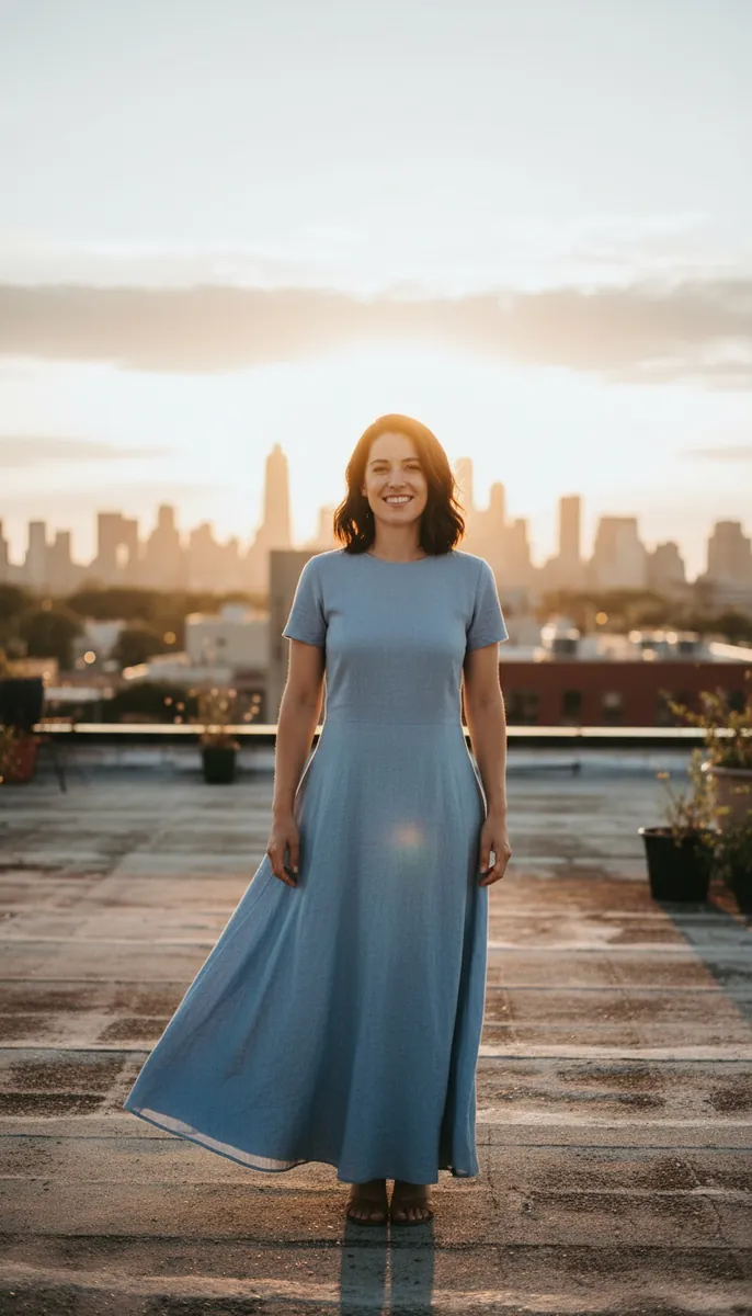 Woman in a blue linen dress spinning on a rooftop at golden hour as the camera pushes in