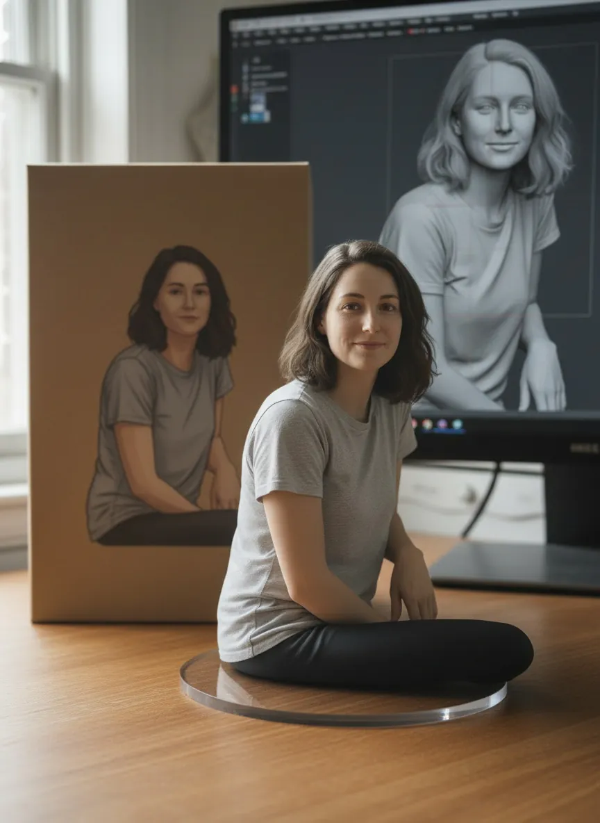 Woman in gray tee sits on a clear round base on a wooden desk, with a monitor showing her 3D sculpt and an illustrated box behind.