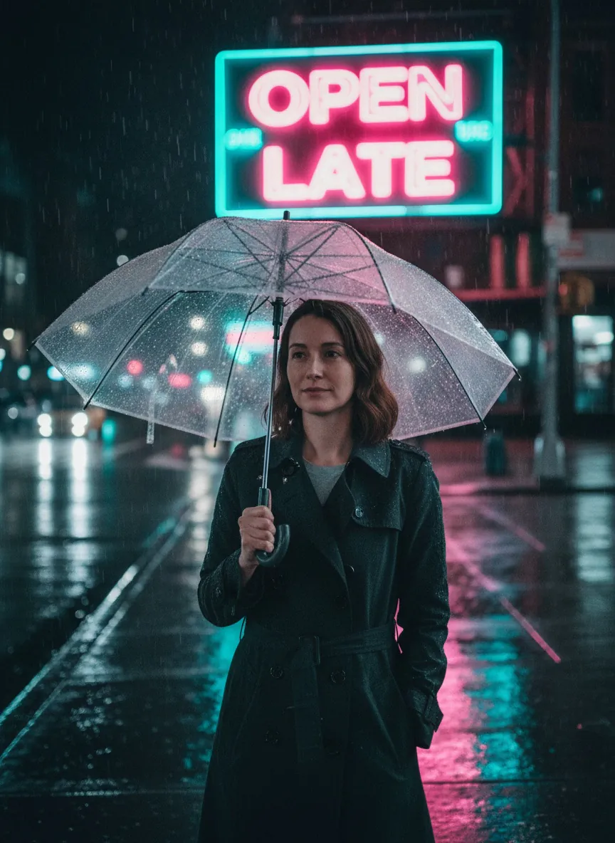 Woman in a dark trench coat holds a clear umbrella on a rainy night street under a neon "OPEN LATE" sign, pink and teal reflections.