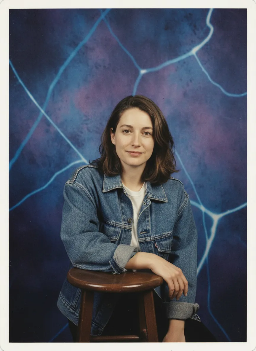 1990s-style studio portrait of a woman in a denim jacket and white tee leaning on a wooden stool before a blue laser backdrop.
