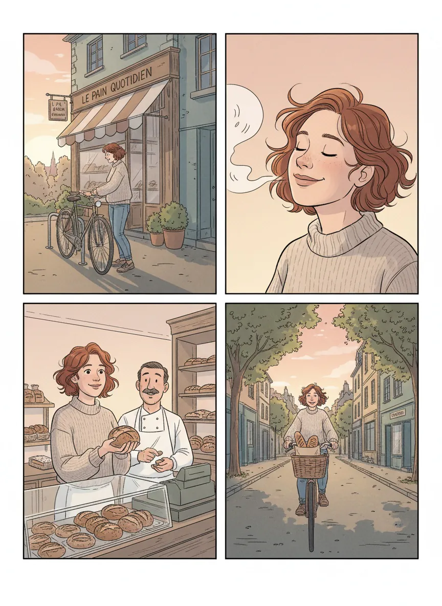 Four-panel comic: a curly-haired woman parks her bike at a bakery, savors bread, shops with the baker, and cycles home.
