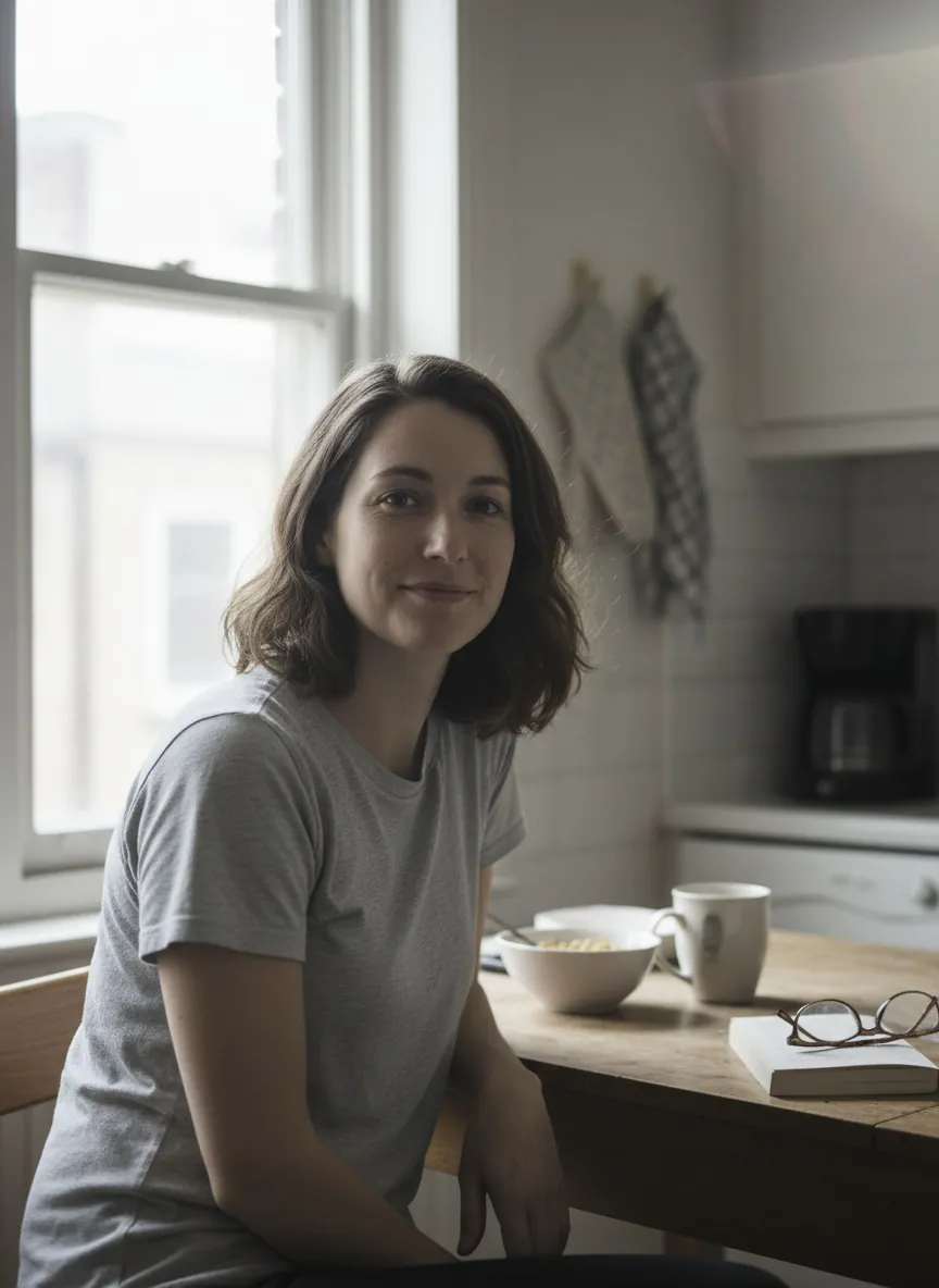 Casual smartphone photo of a woman in a gray t-shirt sitting by a kitchen window