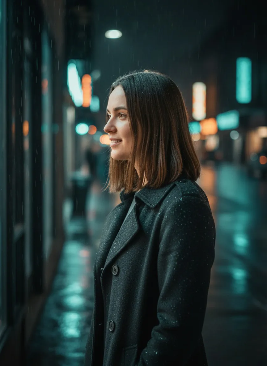 Woman with shoulder-length brown hair in a dark wool coat smiles in profile on a rainy night street with blurred neon signs.
