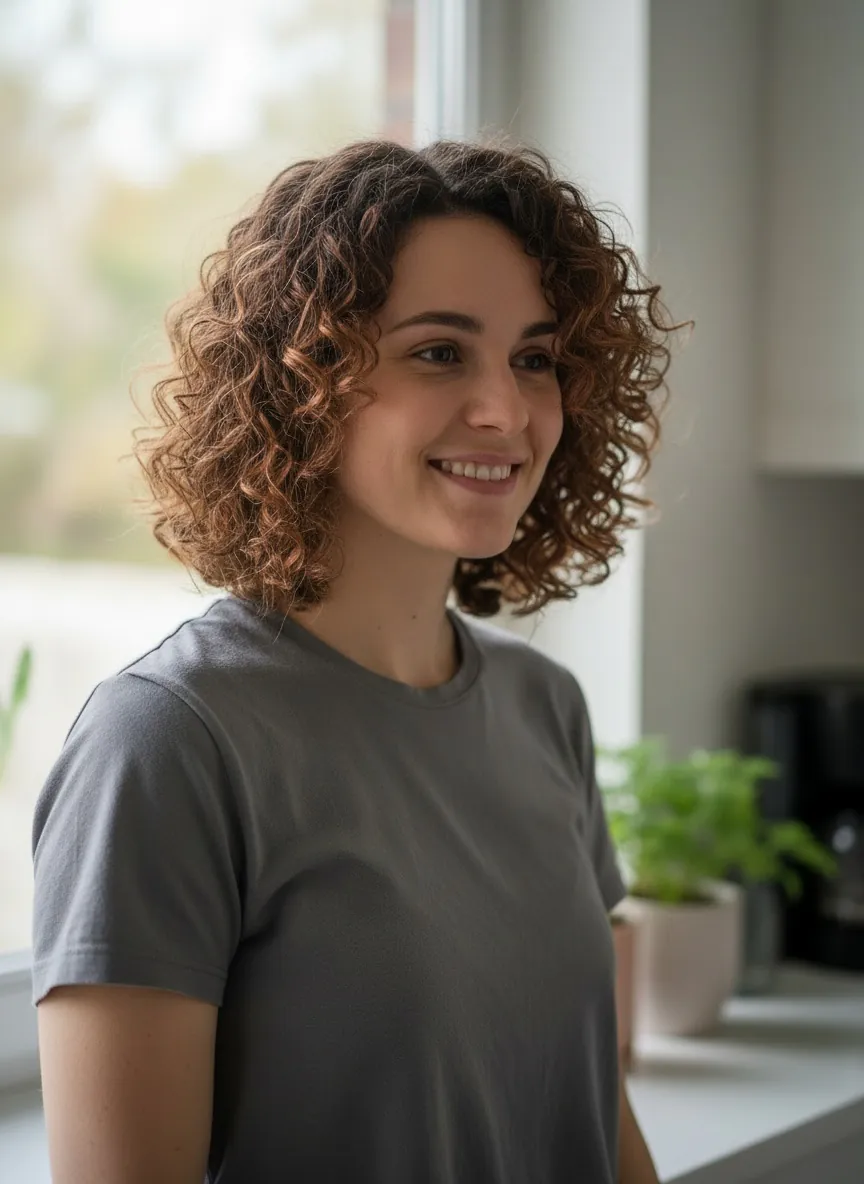 Smiling woman with chin-length curly brown hair with copper highlights, wearing a gray t-shirt beside a sunlit window and plant.