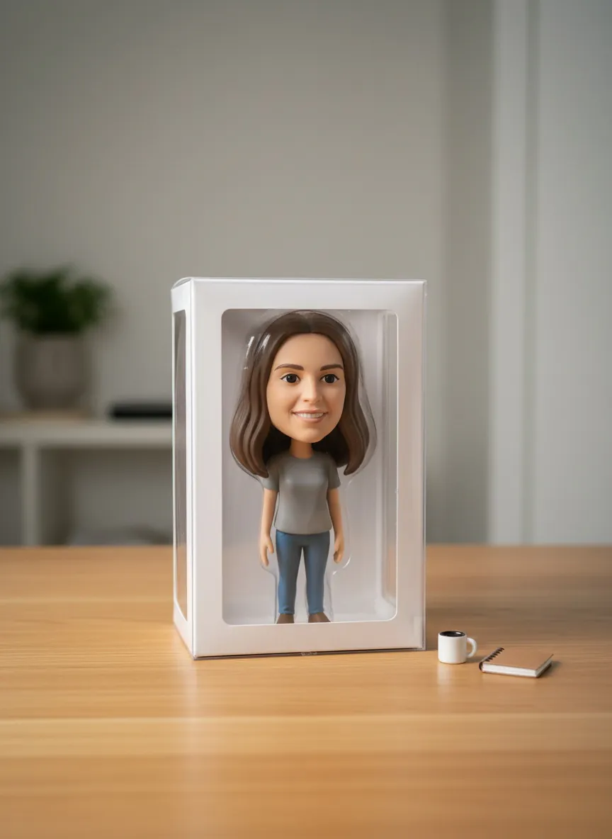 A vinyl figure of a smiling woman with brown hair, gray tee and jeans in a clear white display box on a desk beside a tiny mug and notebook.