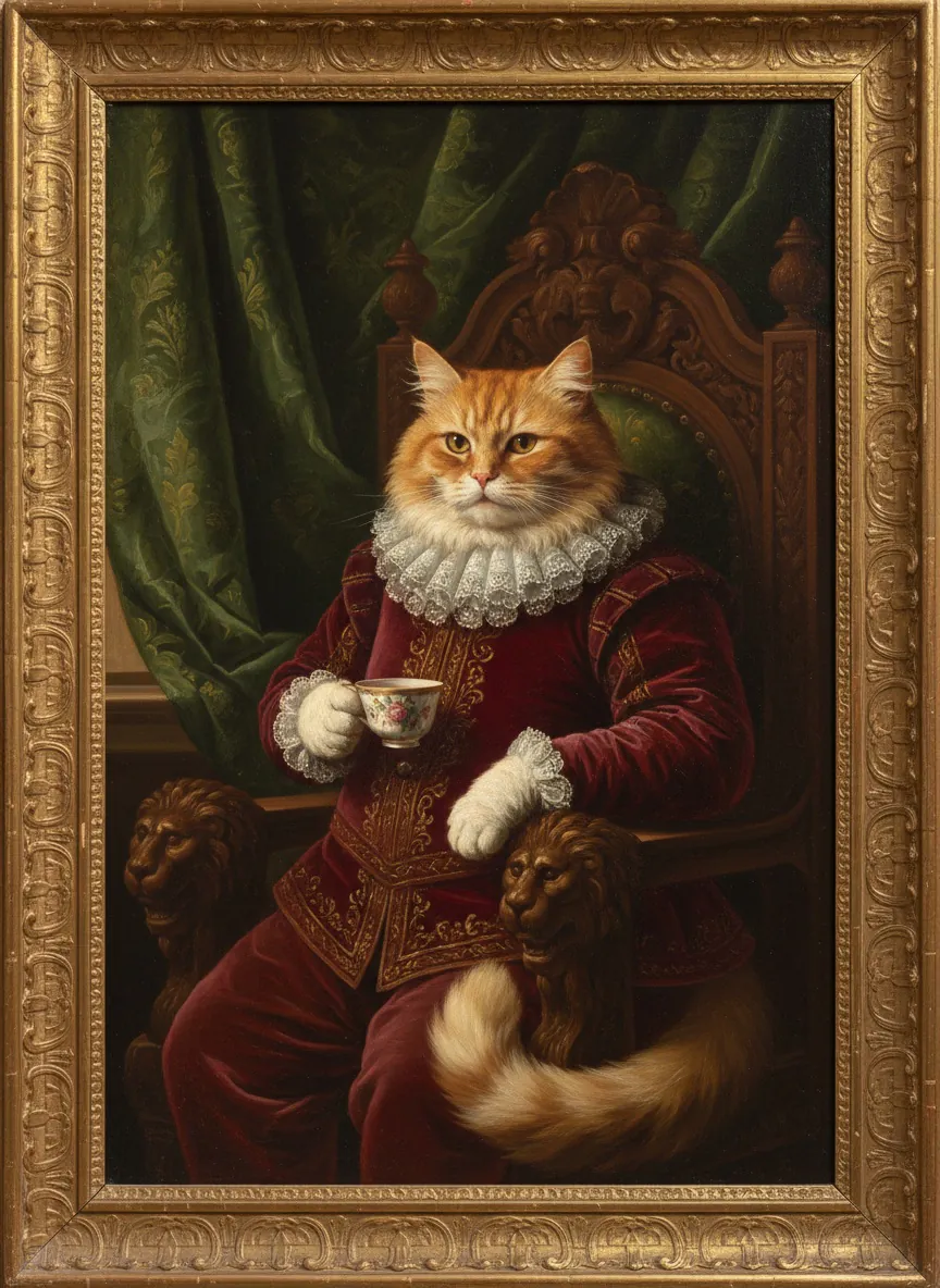 Oil portrait of a fluffy orange cat in a red velvet doublet and lace ruff, holding a teacup on a carved lion throne, in a gilded frame.