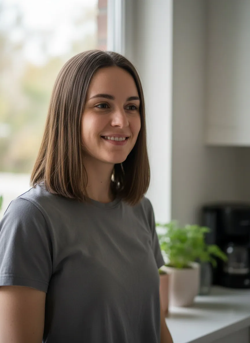 A woman in a gray t-shirt smiling by a kitchen window in natural daylight