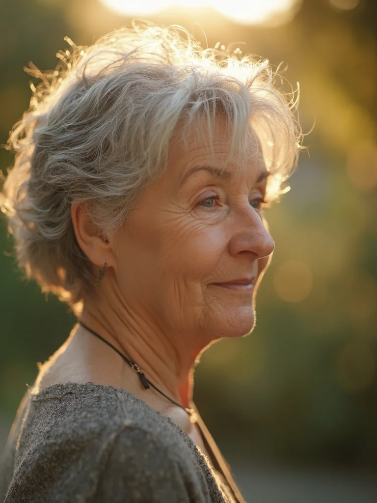 AI face aging - young woman aged to her 70s, studio portrait