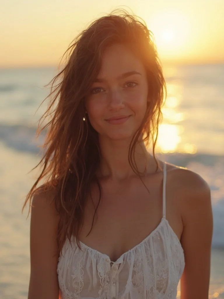 AI beach photo - woman at sunset on sandy shore