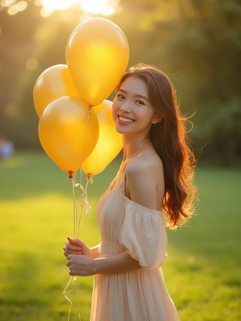 AI birthday photoshoot - woman with balloons, golden hour outdoor