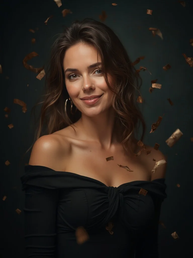 AI birthday photoshoot - woman in elegant dress, warm indoor lighting