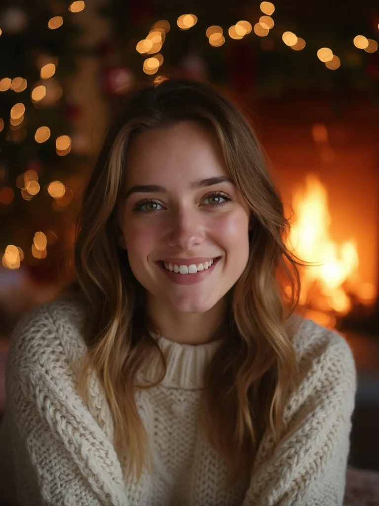 AI generated christmas photo - woman by fireplace with warm holiday lighting