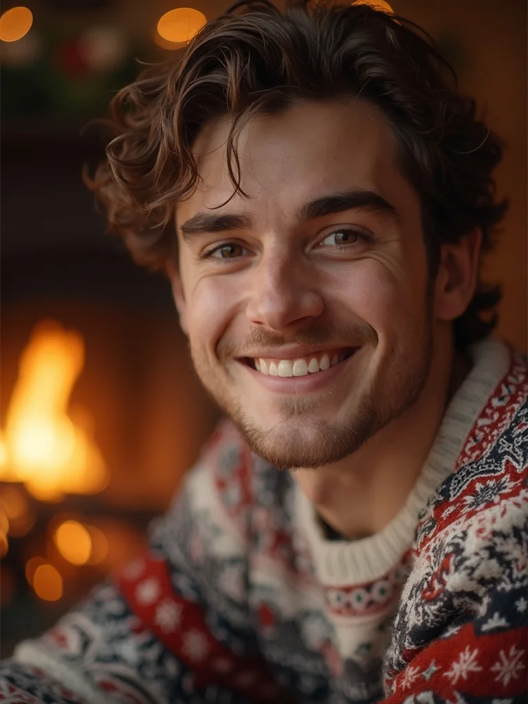 AI christmas photo - man in winter coat with snowy outdoor background