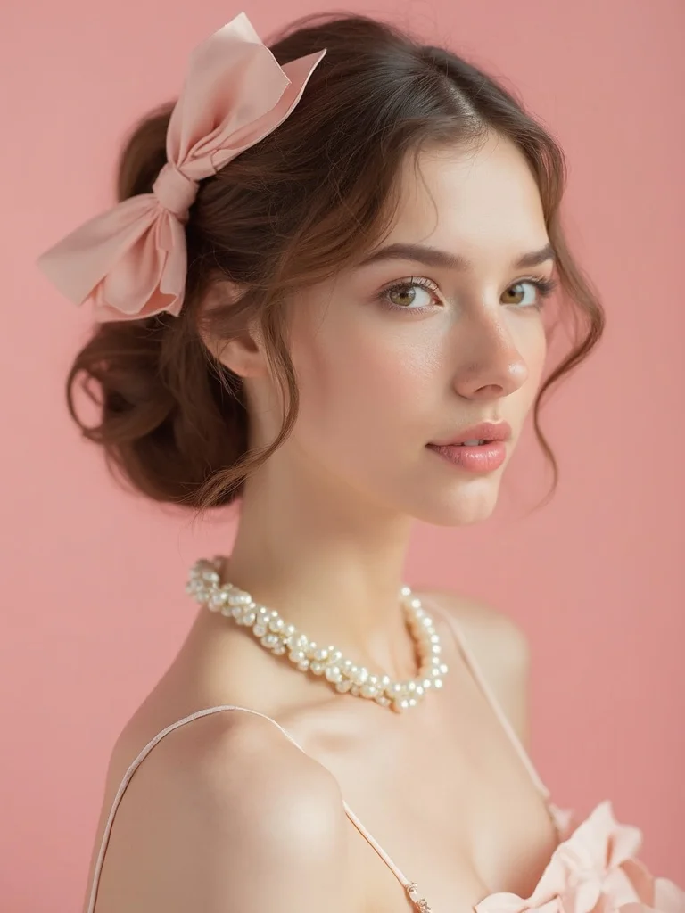 AI coquette aesthetic portrait with soft pink tones and ribbon