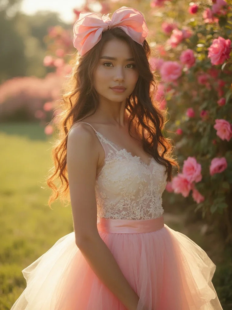 AI coquette aesthetic outdoor photo with golden light and roses