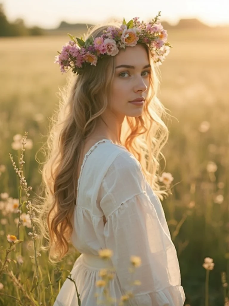 Cottagecore aesthetic AI photo - woman in wildflower meadow