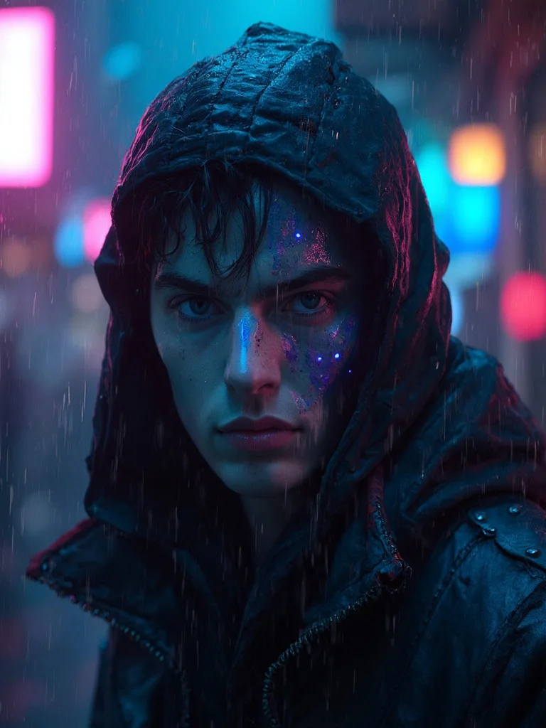 AI cyberpunk character - rainy night street scene