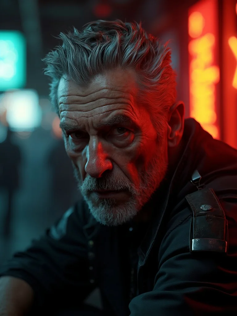 AI cyberpunk character - dramatic neon-lit close-up