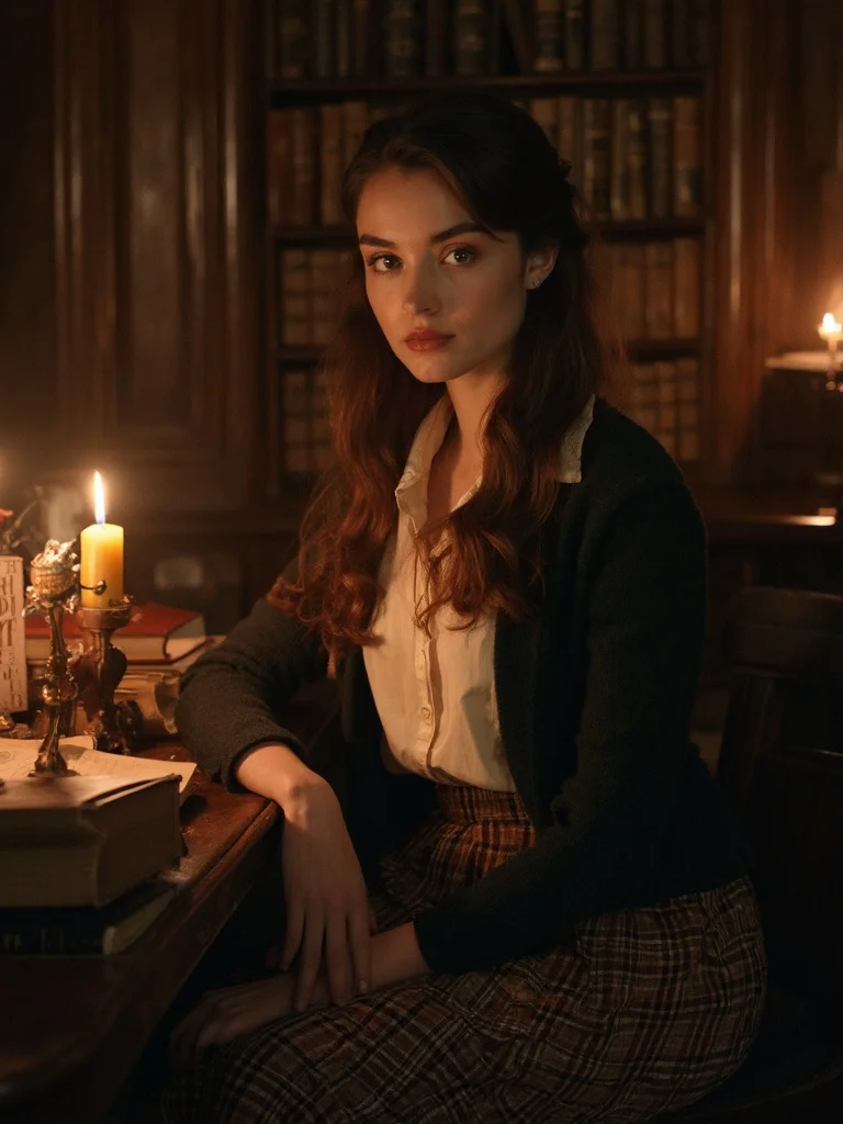 Dark academia aesthetic portrait - candlelit library setting