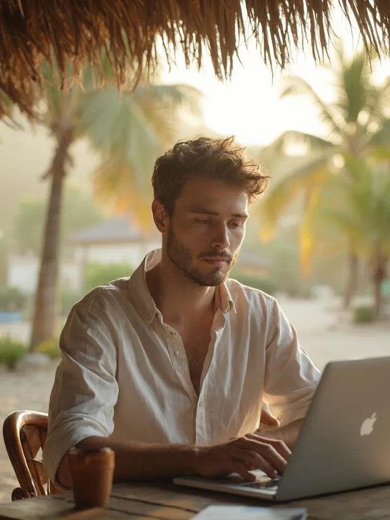 AI remote work photoshoot - man with laptop at rooftop co-working space