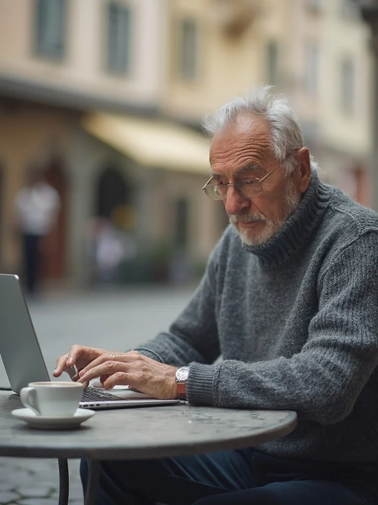 AI digital nomad photo - man working outdoors with city skyline background