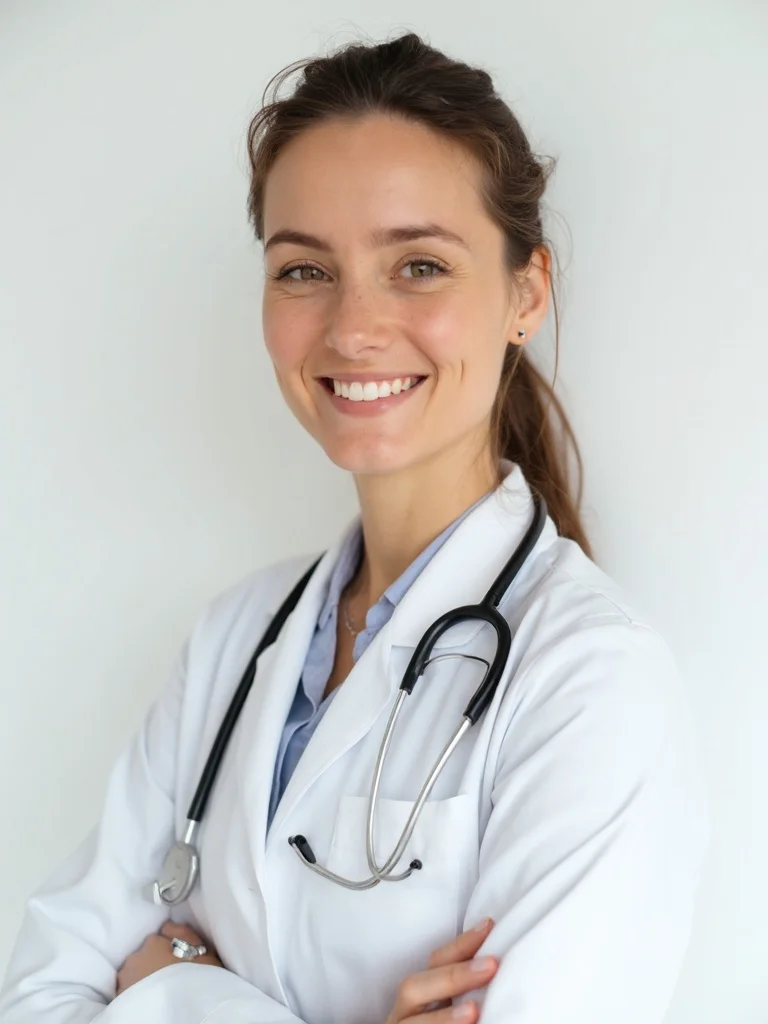 AI doctor headshot - white coat studio background