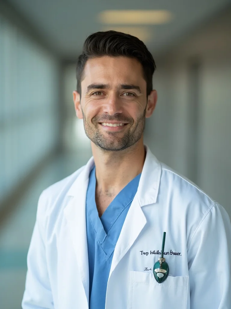 AI doctor headshot - warm clinic setting