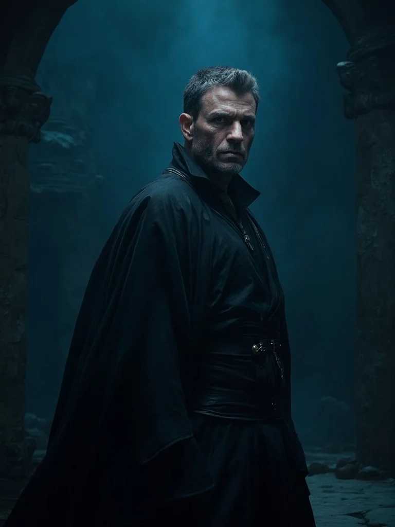 AI fantasy photo shoot idea - dark forest sorcerer look