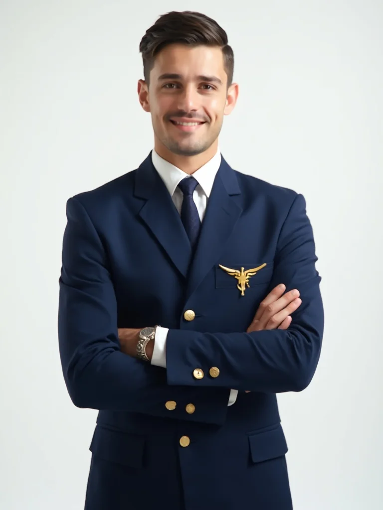 AI flight attendant photo - aircraft cabin background