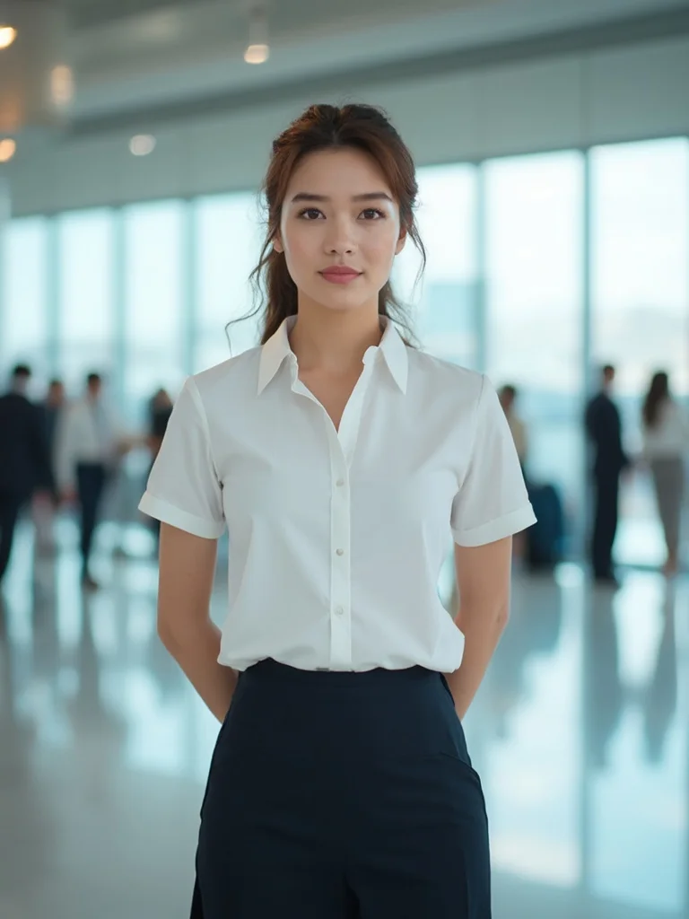 AI flight attendant photoshoot - dramatic lighting editorial style