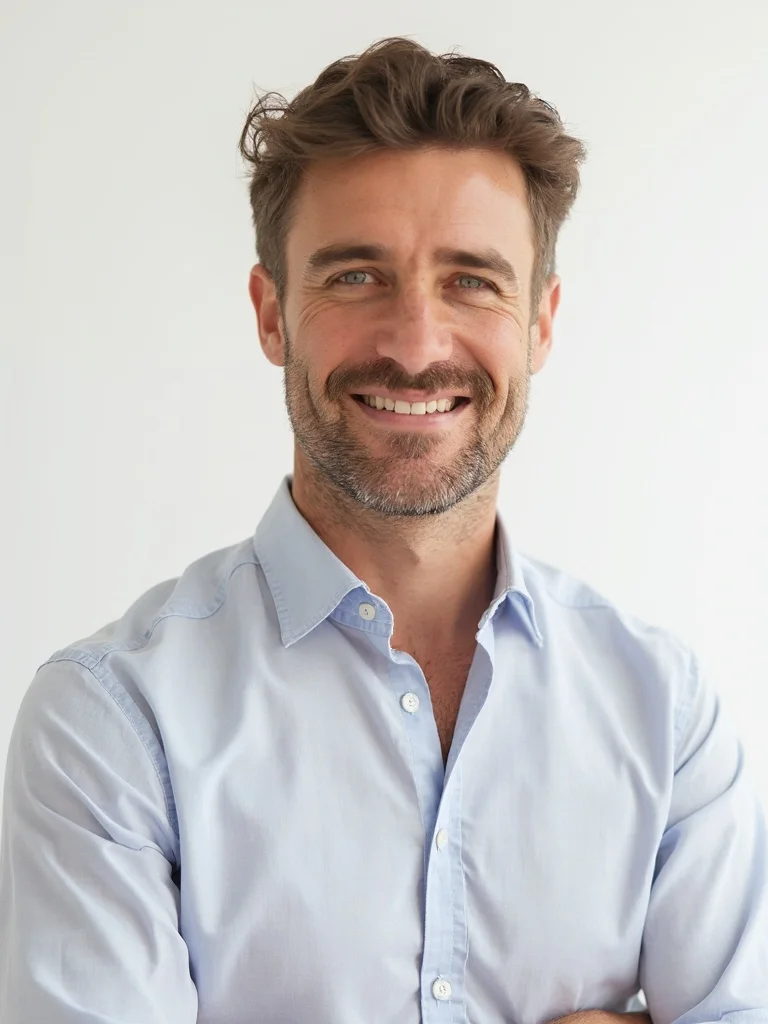 AI life coach headshot - clean white studio background