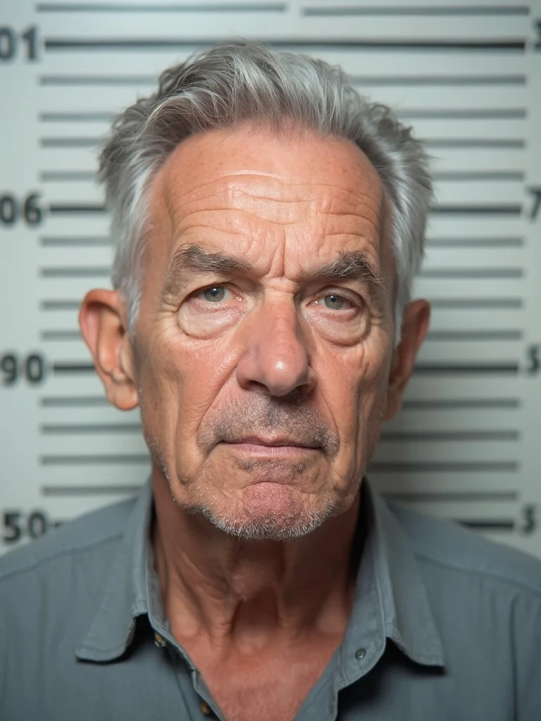 Fake mugshot - woman front-facing with height ruler backdrop