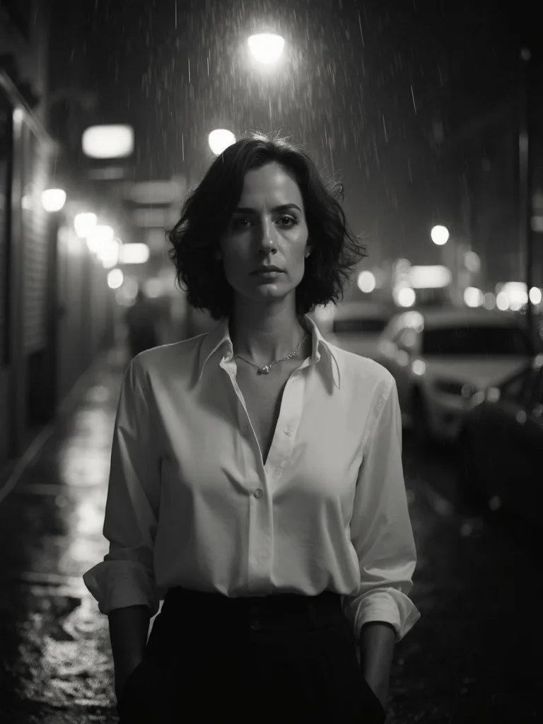 AI noir filter - woman with cinematic moody lighting