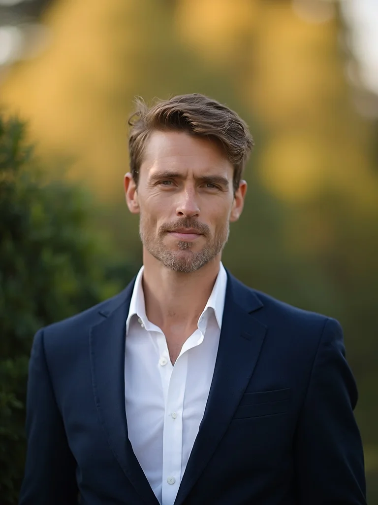 AI old money photoshoot - man in tailored navy suit