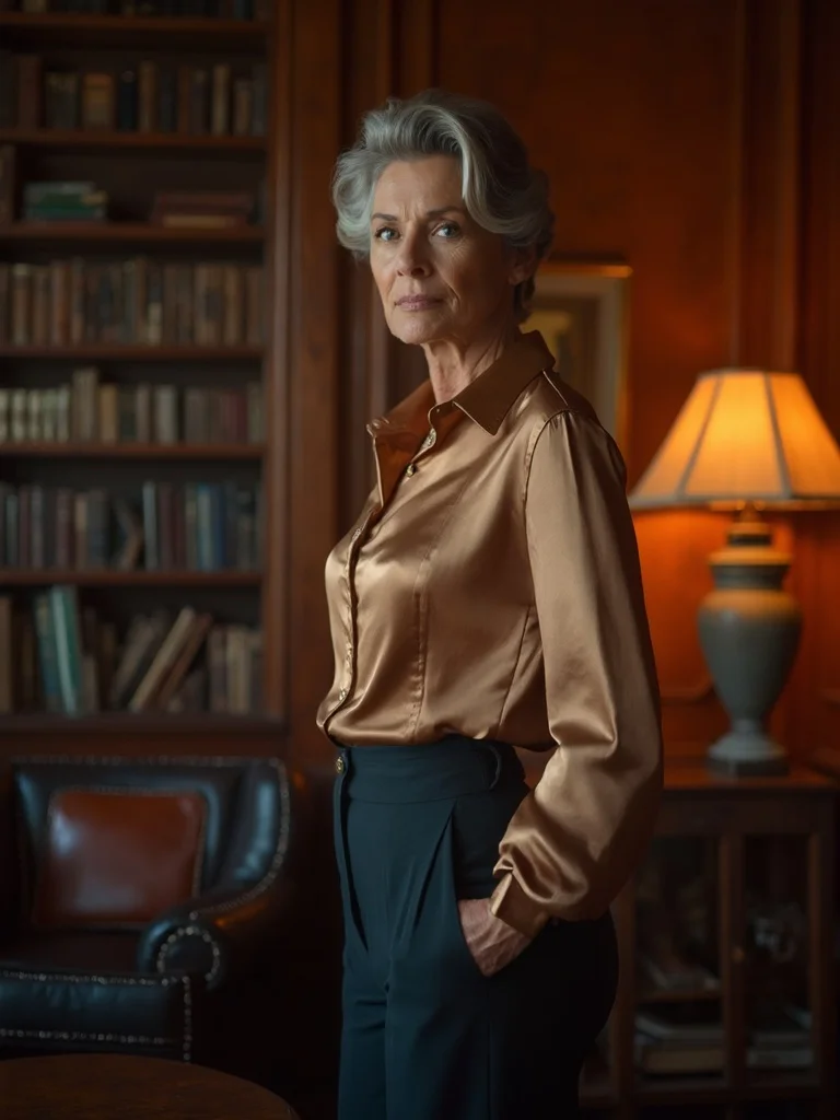 AI old money photo - woman in cream blazer, library background