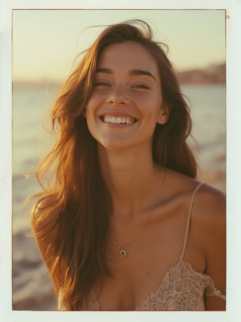 AI polaroid photo - young woman outdoor golden hour