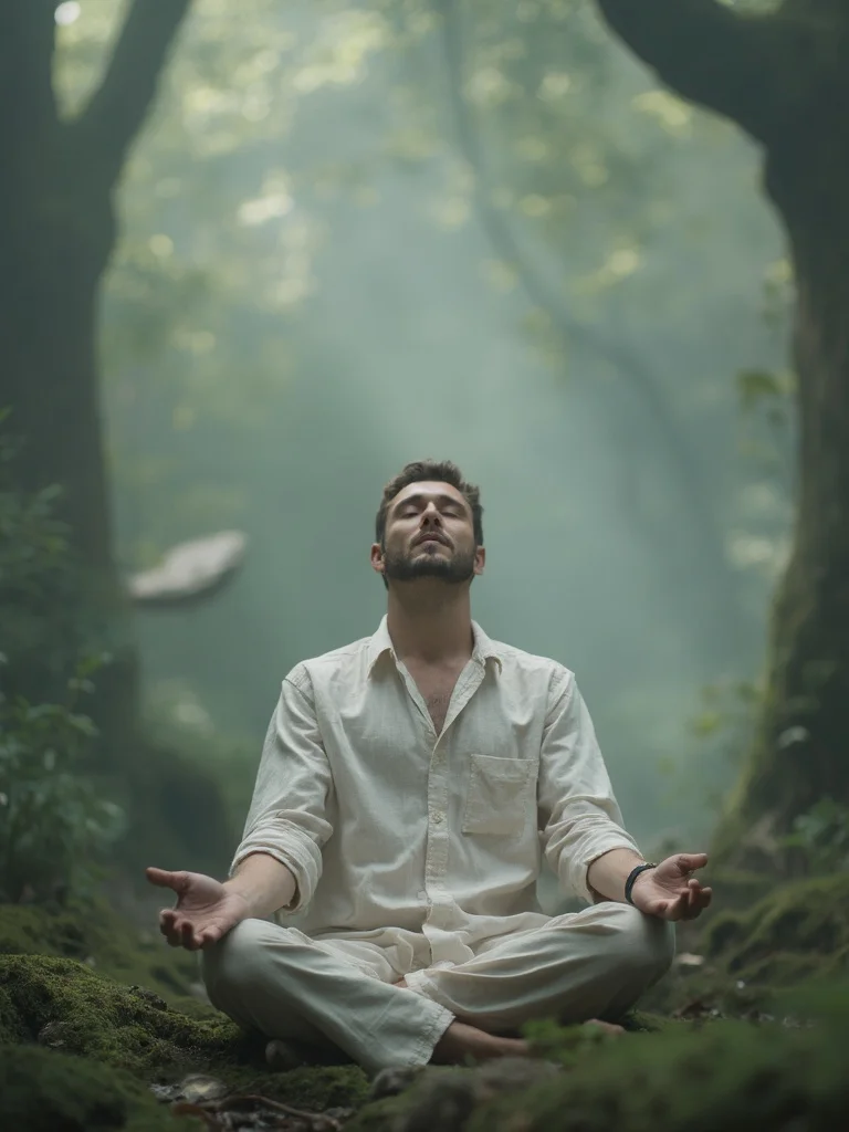 AI spiritual photoshoot - man in misty forest setting