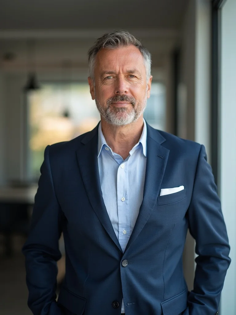 AI startup headshot - blurred office background