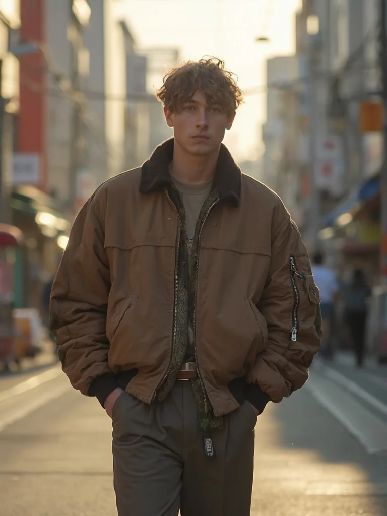 AI street fashion photo - golden hour city background