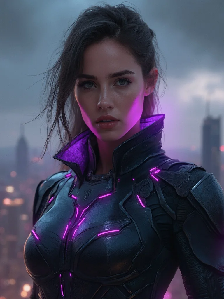 AI superhero avatar - male hero in dark armored suit with city skyline