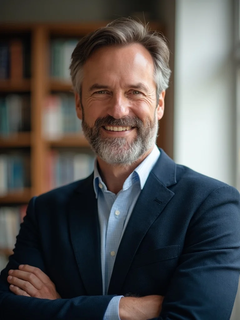 AI teacher headshot - blurred library background